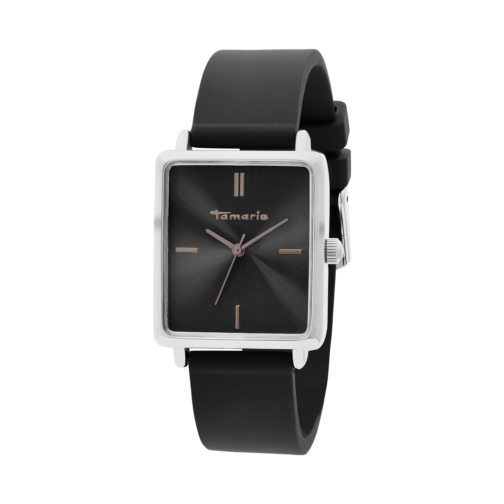 Die Tamaris Armbanduhr - The Silicon Square hat ein schwarzes, quadratisches Zifferblatt, ein silbernes Gehäuse und ein schwarzes Lederarmband - eine elegante Tamaris-Uhr mit drei schlichten Markierungen, perfekt für jeden Anlass.