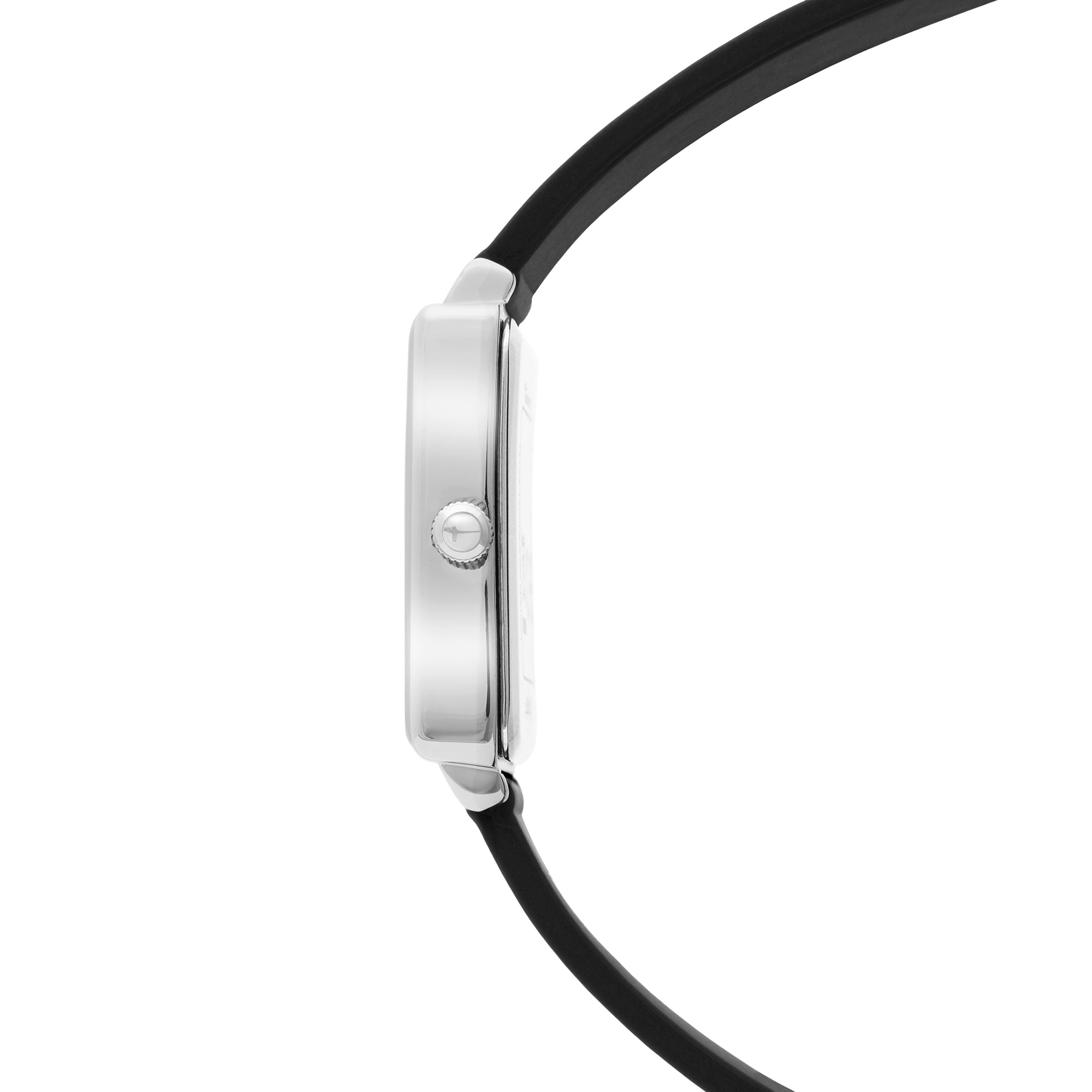 Seitenansicht der Tamaris Armbanduhr - The Silicon Square: silbernes Gehäuse, schwarzes Silikonband, Einzelkrone rechts - ideal als sportliche Damenuhr von Tamaris.