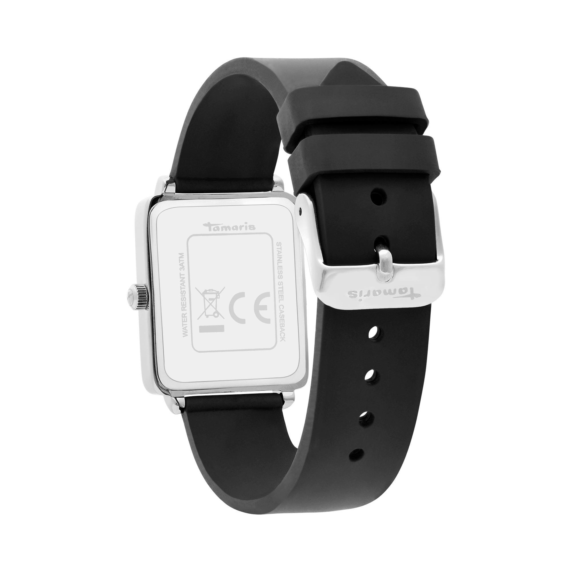 Rückansicht der Tamaris Armbanduhr - The Silicon Square: eine quadratische silberne sportliche Damenuhr mit schwarzem Silikonarmband und sichtbarem Tamaris Branding auf dem Gehäuse.