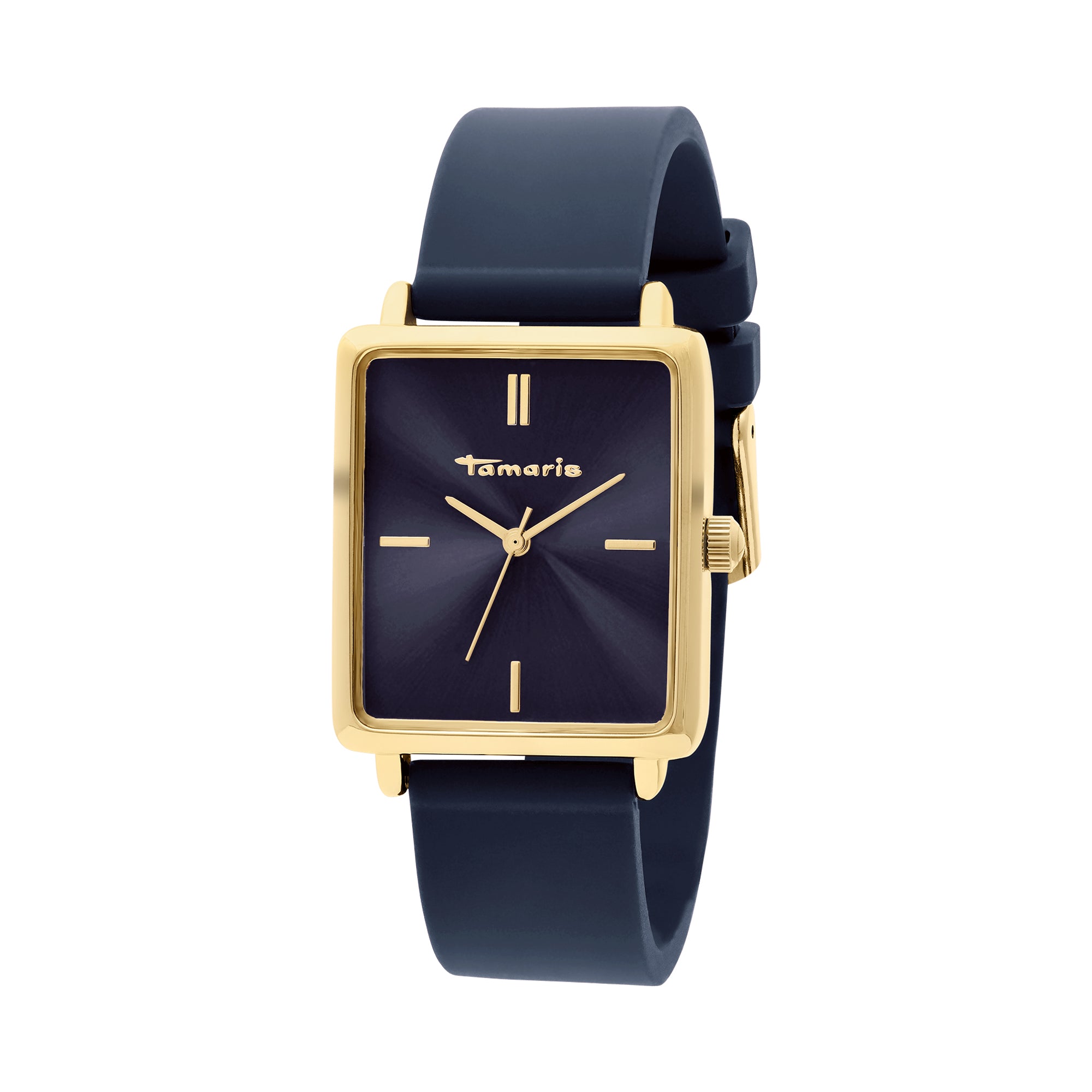 Die Tamaris Armbanduhr - The Silicon Square verfügt über ein quadratisches Goldgehäuse, ein marineblaues Zifferblatt und ein passendes marineblaues Silikonarmband mit der Anzeige 10:10 - eine stilvolle, sportliche Damenuhr von Tamaris für jeden Anlass.