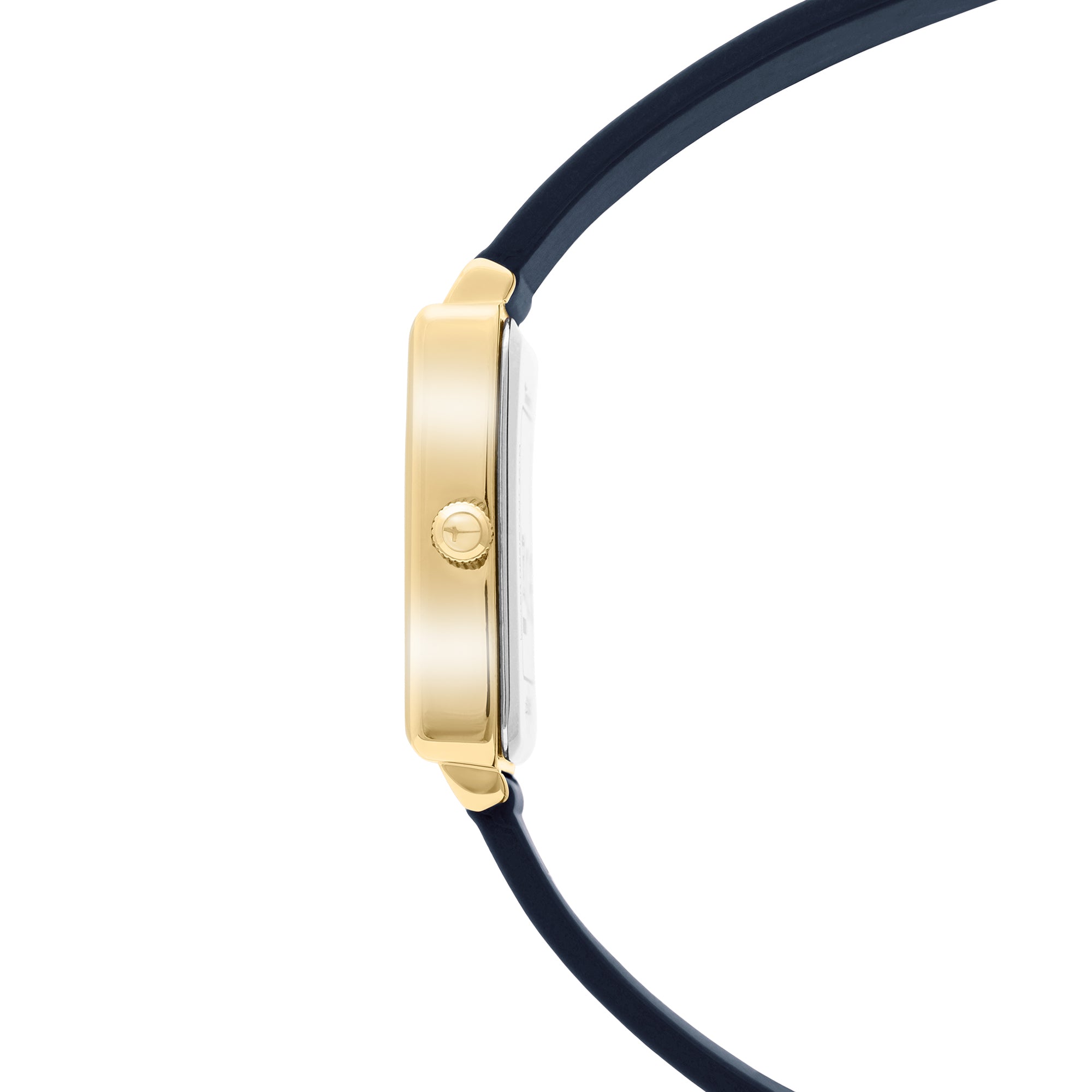 Seitenansicht der Tamaris Armbanduhr - The Silicon Square von Tamaris mit goldenem Gehäuse und schwarzem Lederarmband, dargestellt auf weißem Hintergrund.