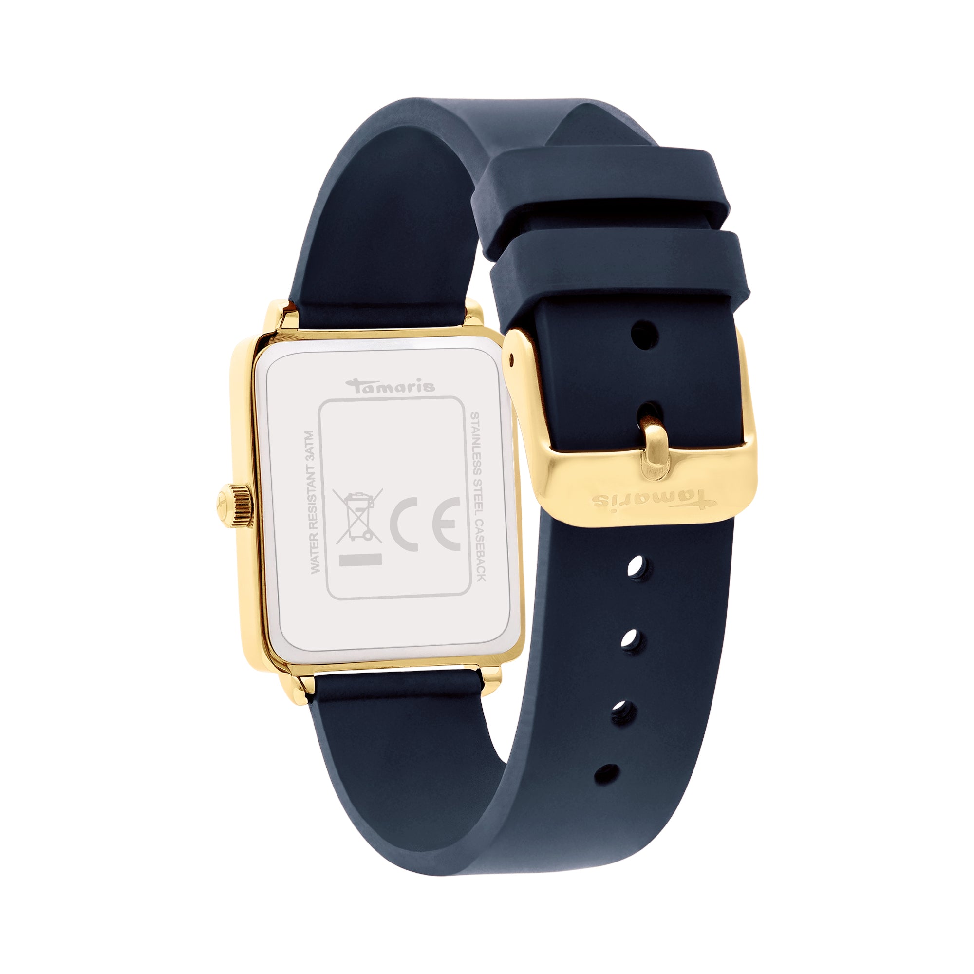 Die Tamaris Armbanduhr - The Silicon Square von Tamaris verfügt über ein goldenes und marineblaues quadratisches Zifferblatt, ein schwarzes Armband und sichtbare Gehäusedetails auf der Rückseite für einen sportlichen Akzent in Ihrem Stil.