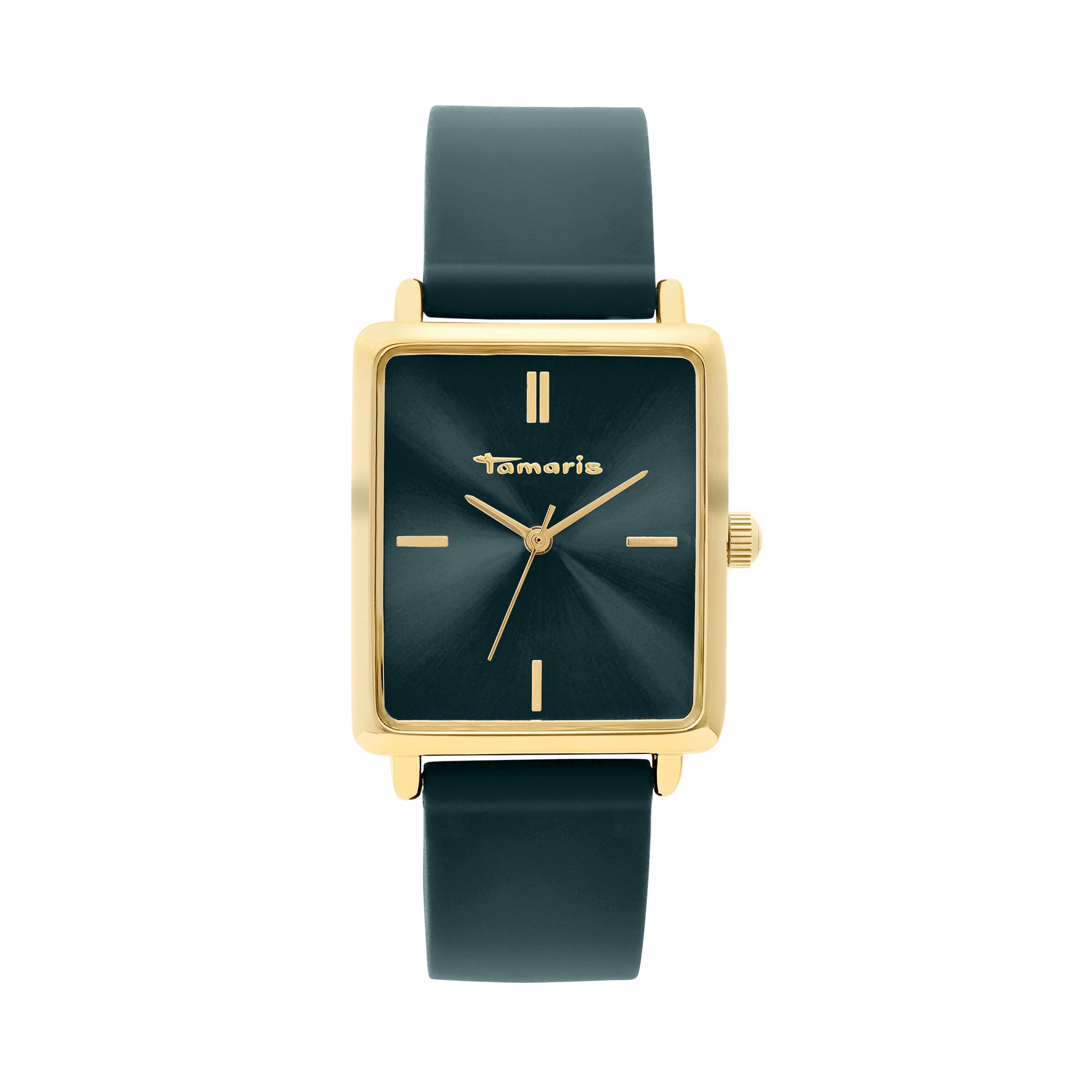 Die Tamaris Armbanduhr - The Silicon Square hat ein goldenes, quadratisches Gehäuse, ein dunkelgrünes Zifferblatt und ein dazu passendes grünes Silikonarmband - diese sportliche Damenuhr von Tamaris zeigt 1:51:08 und passt perfekt zu einem modernen Look.
