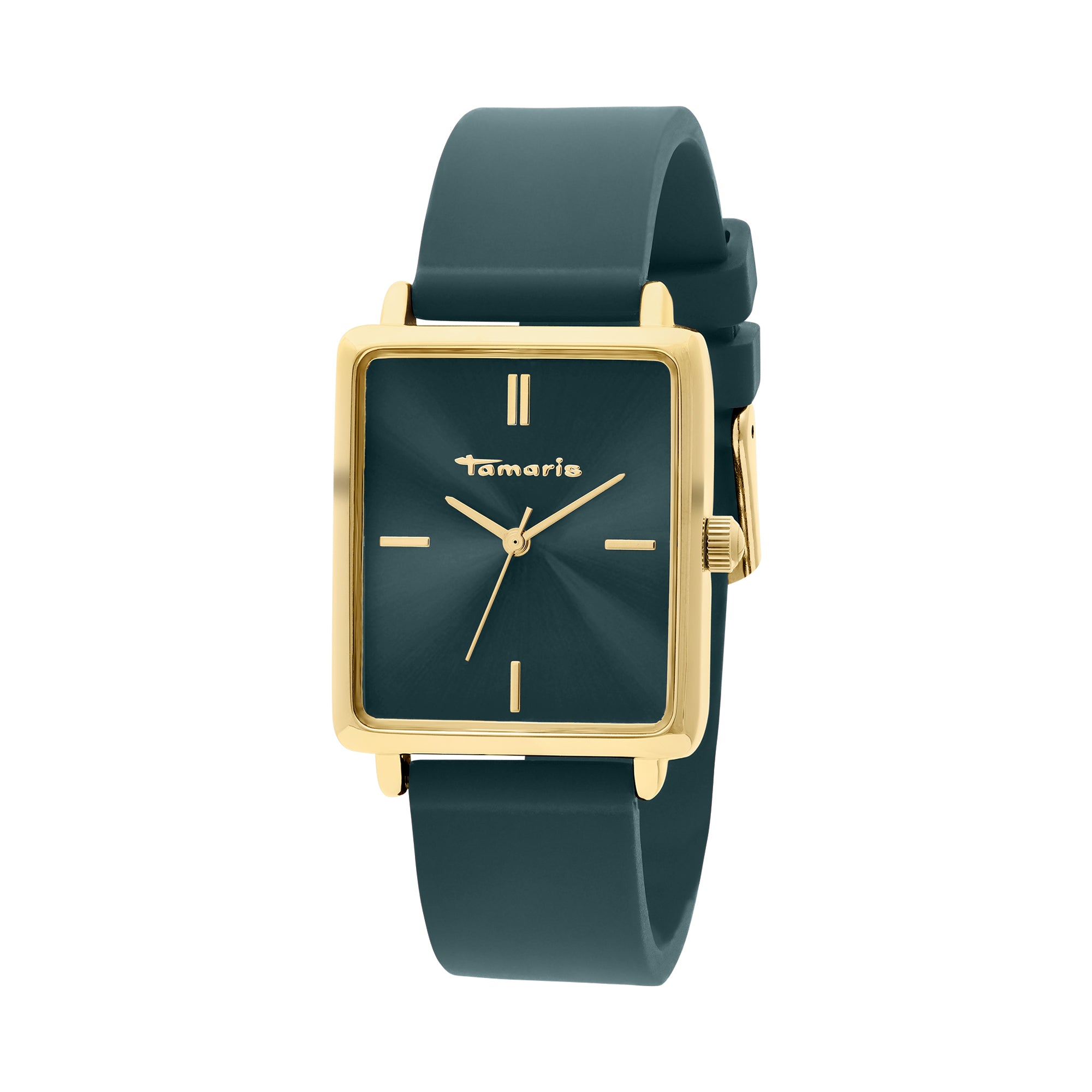 Die Tamaris Armbanduhr - The Silicon Square hat einen goldenen Rahmen, ein quadratisches, blaugrünes Zifferblatt und ein passendes Silikonarmband auf weißem Hintergrund.