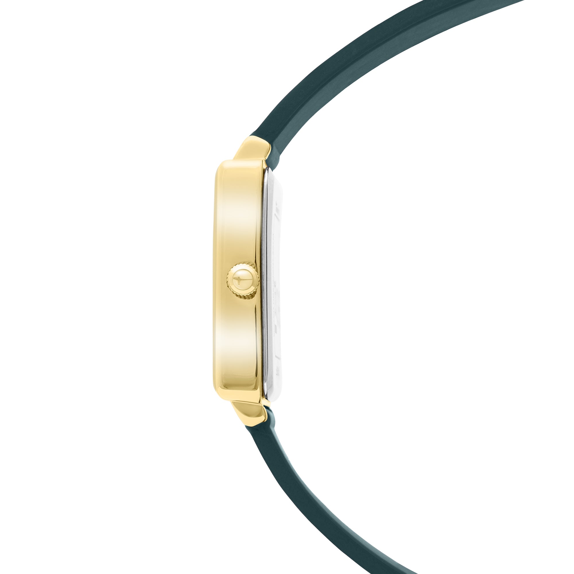 Seitenansicht der goldenen Tamaris Armbanduhr - The Silicon Square mit einem dunkelgrünen Silikonarmband von Tamaris, dargestellt vor einem weißen Hintergrund.
