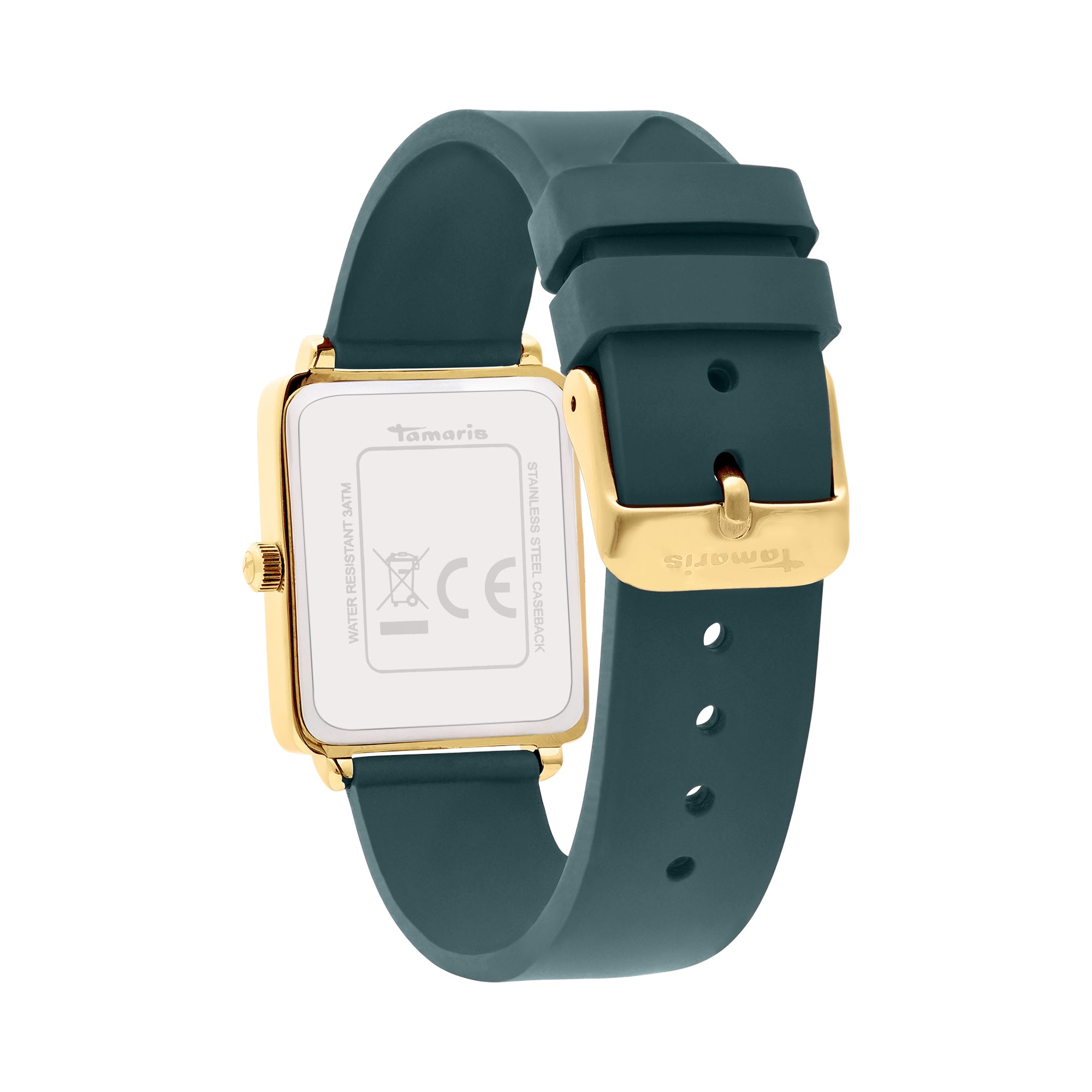 Die Tamaris Armbanduhr - The Silicon Square ist eine goldene, quadratische Uhr mit einem dunkelgrünen Silikonarmband, das von der Rückseite mit sichtbarer Dornschließe und Gehäusemarkierungen gezeigt wird - eine perfekte sportliche Damenuhr von Tamaris.