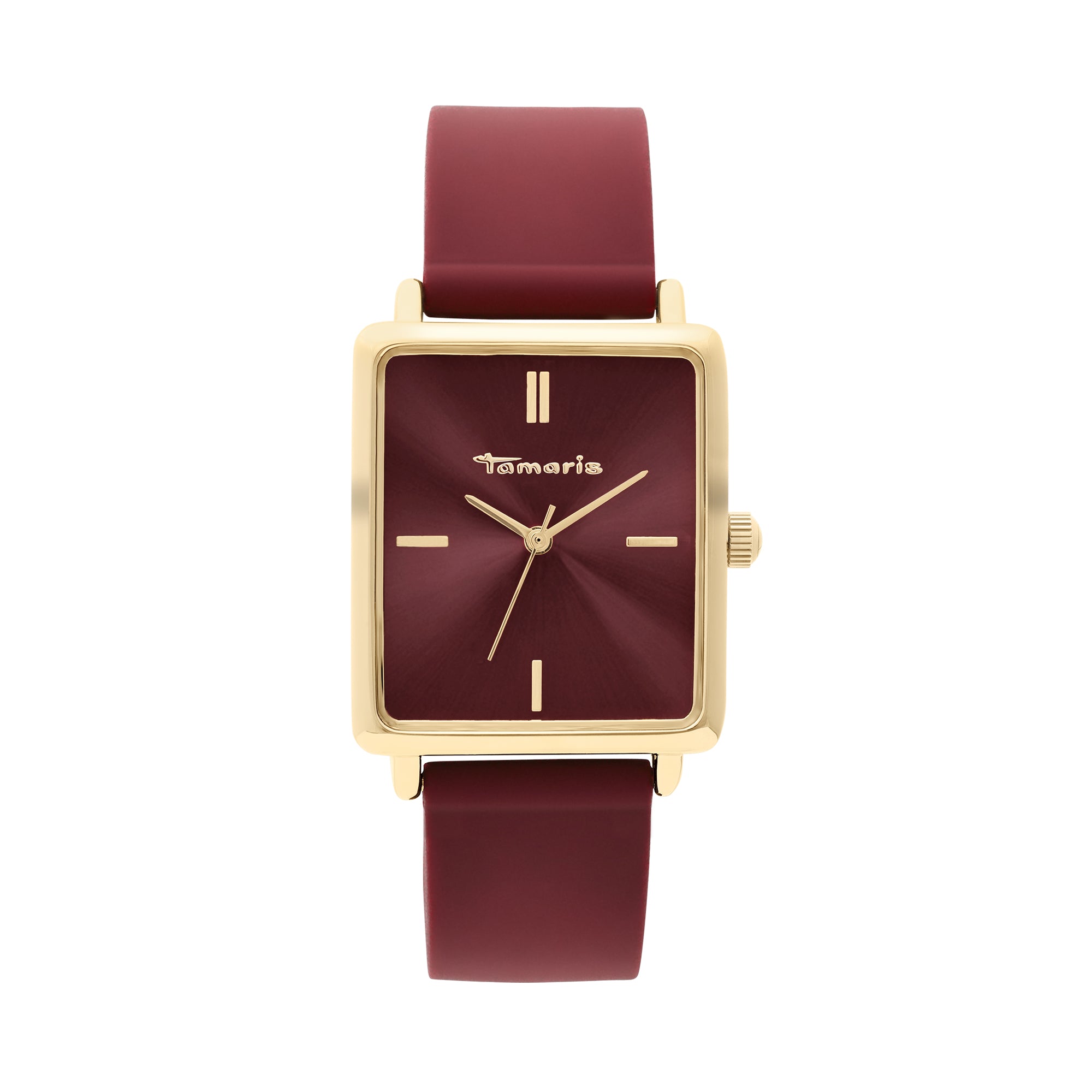 Die Tamaris Armbanduhr - The Silicon Square ist eine quadratische, goldfarbene Damenuhr mit kastanienbraunem Zifferblatt und kastanienbraunem Silikonarmband, das mit minimalistischen goldenen Stundenmarkierungen und Zeigern für einen sportlichen Look sorgt.