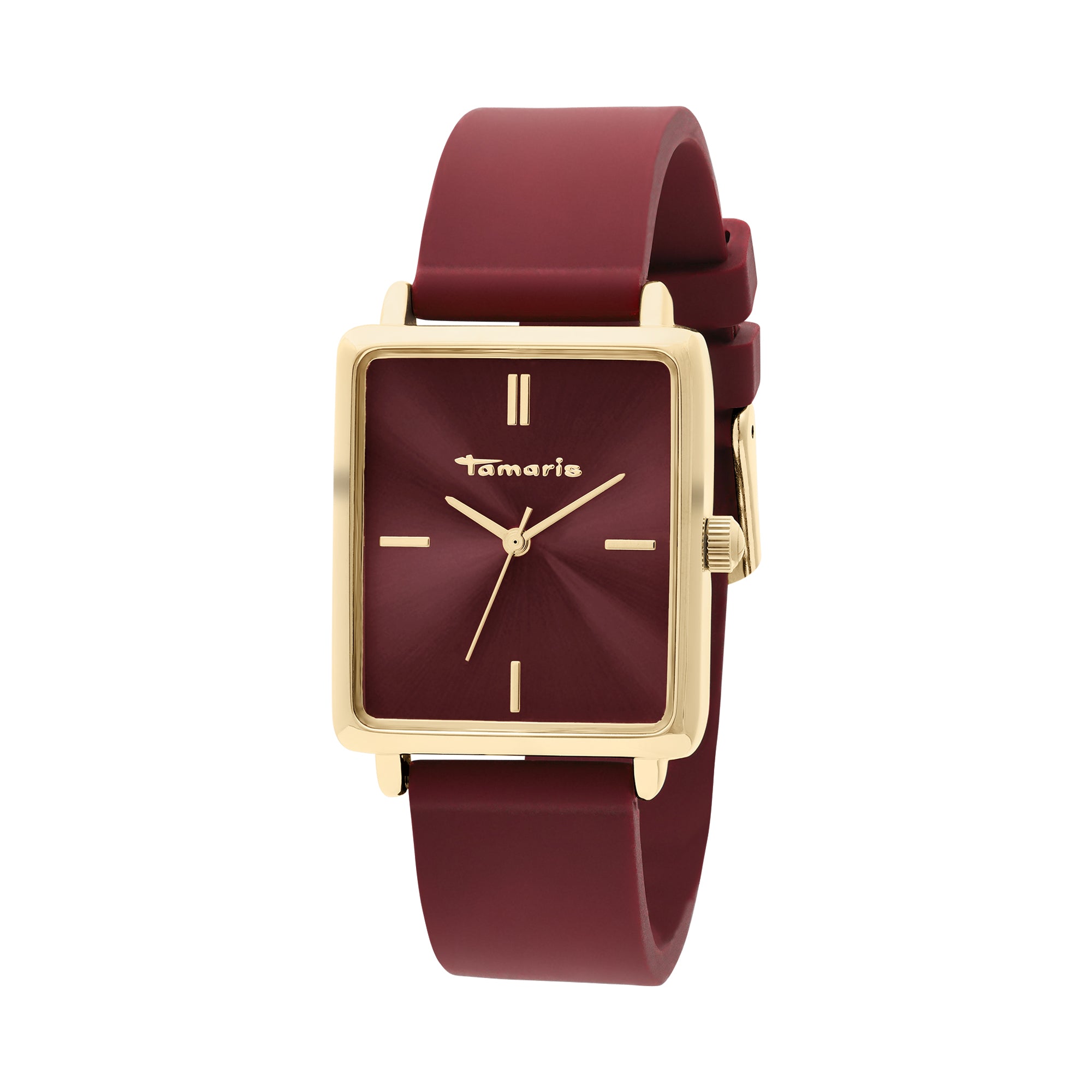 Die Tamaris Armbanduhr - The Silicon Square hat ein burgunderrotes, quadratisches Zifferblatt, goldene Akzente und ein sportliches Silikonband für modernen Stil.