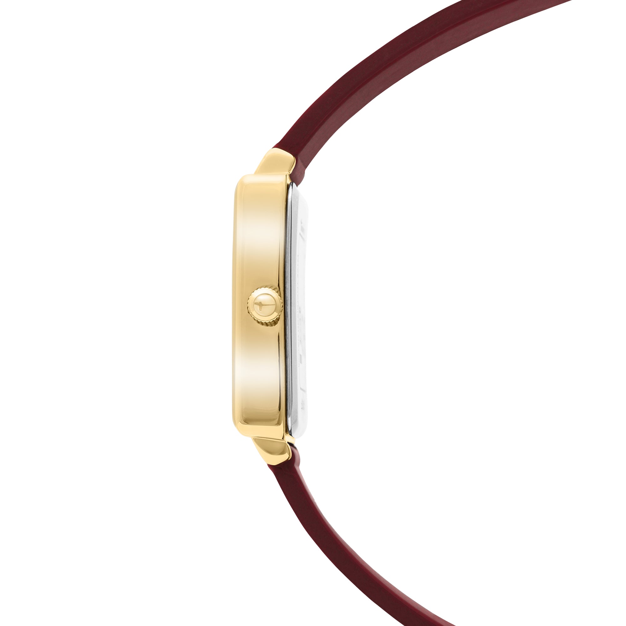 Seitenansicht der Tamaris Armbanduhr - The Silicon Square von Tamaris mit goldenem Gehäuse, bordeauxfarbenem Silikonarmband und seitlicher Krone - eine stilvolle Sportuhr für Damen, perfekt für jede Gelegenheit.