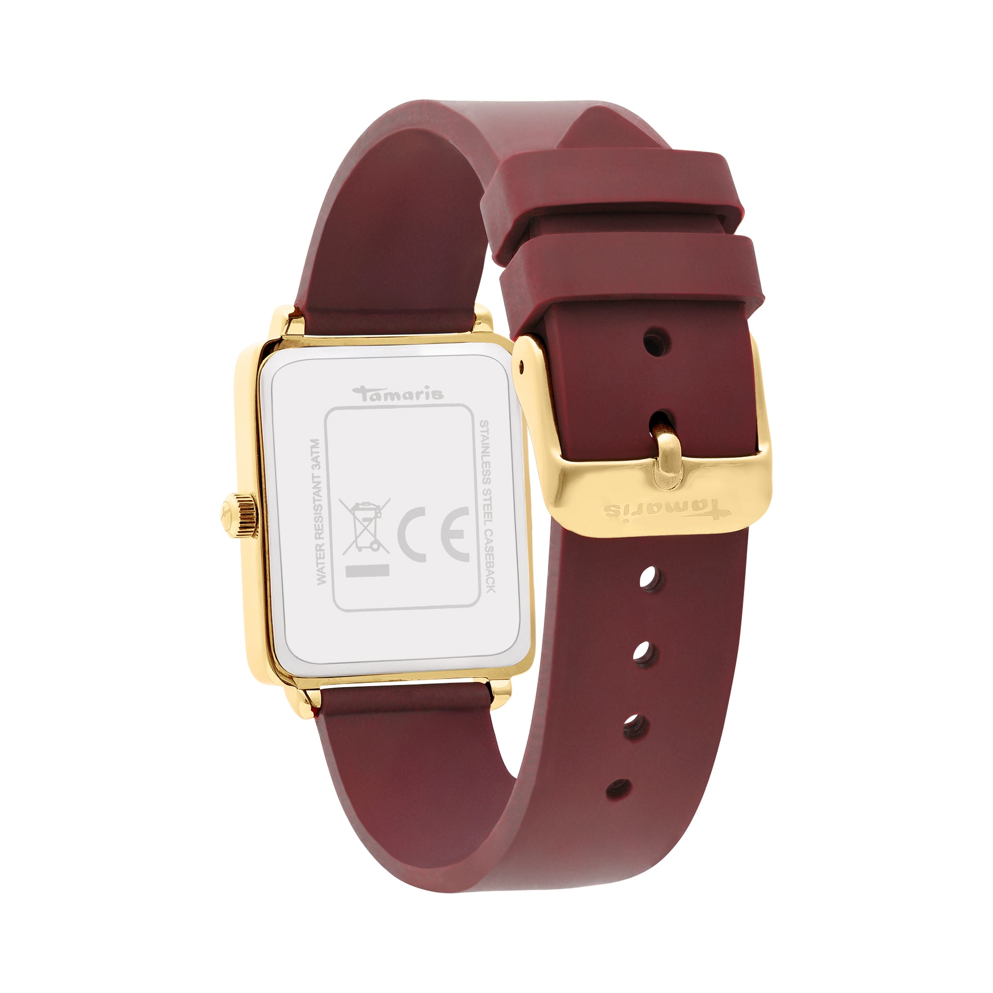 Die Tamaris Armbanduhr - The Silicon Square hat ein goldenes, quadratisches Gehäuse und ein bordeauxfarbenes Silikonarmband, das auf der Rückseite mit sichtbarer Schließe und Tamaris-Branding zu sehen ist.