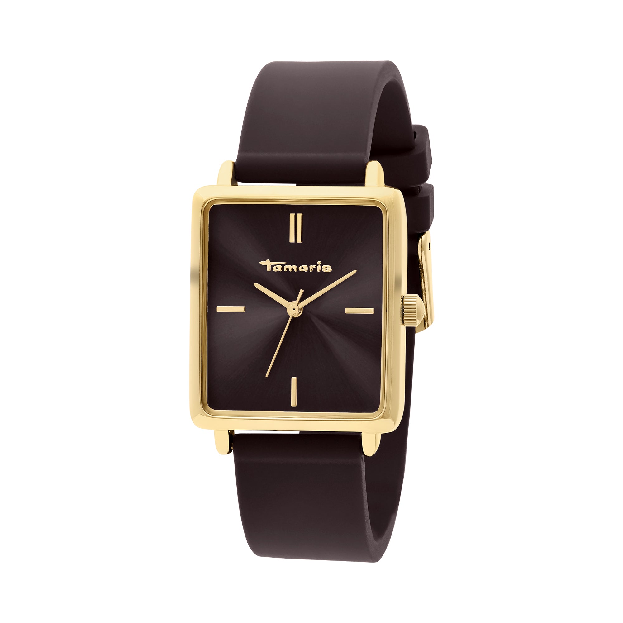 Die Tamaris Armbanduhr - The Silicon Square verfügt über ein rechteckiges, goldenes Gehäuse, ein schwarzes Zifferblatt mit minimalistischen, goldenen Markierungen und ein schlankes Silikonband - eine Kombination aus Eleganz und Sportlichkeit im echten Tamaris-Stil.