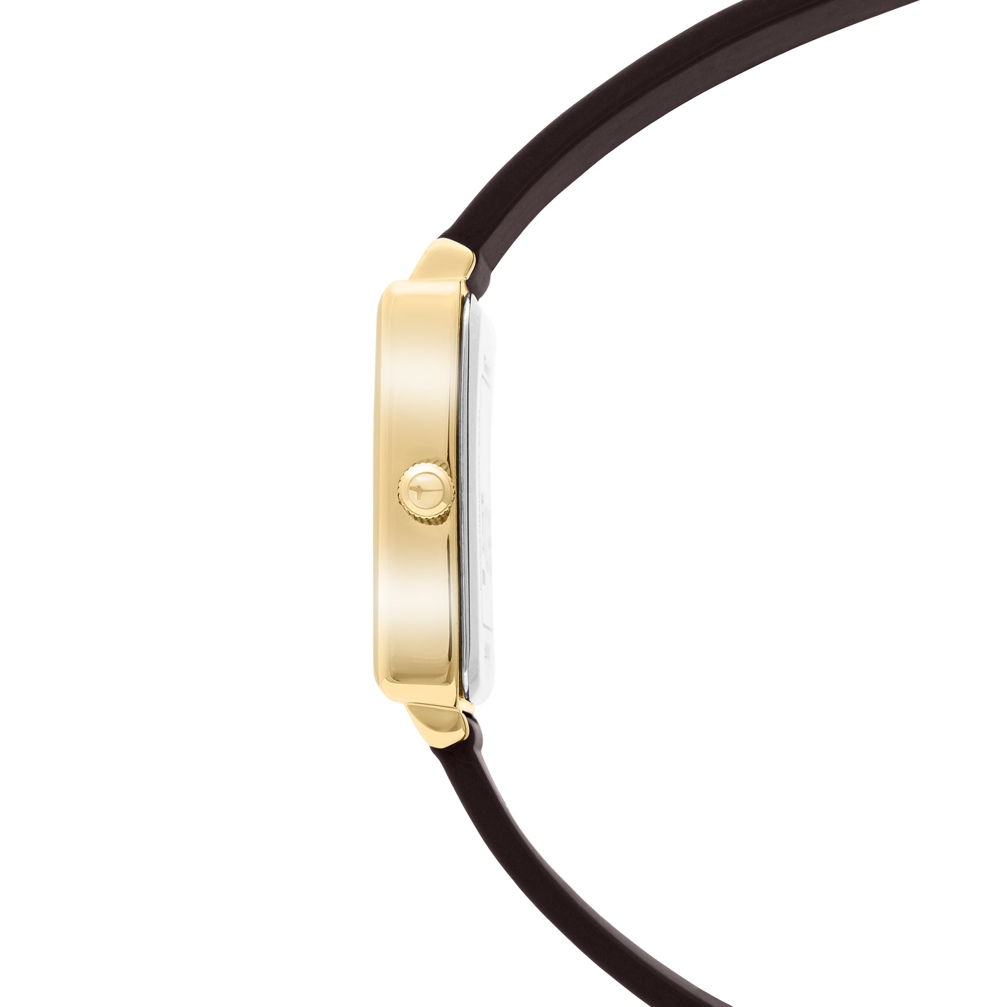 Seitenansicht der Tamaris Armbanduhr - Die Silicon Square von Tamaris mit goldenem Gehäuse und schwarzem Silikonarmband unterstreicht ihr elegantes und zugleich sportliches Design vor weißem Hintergrund.