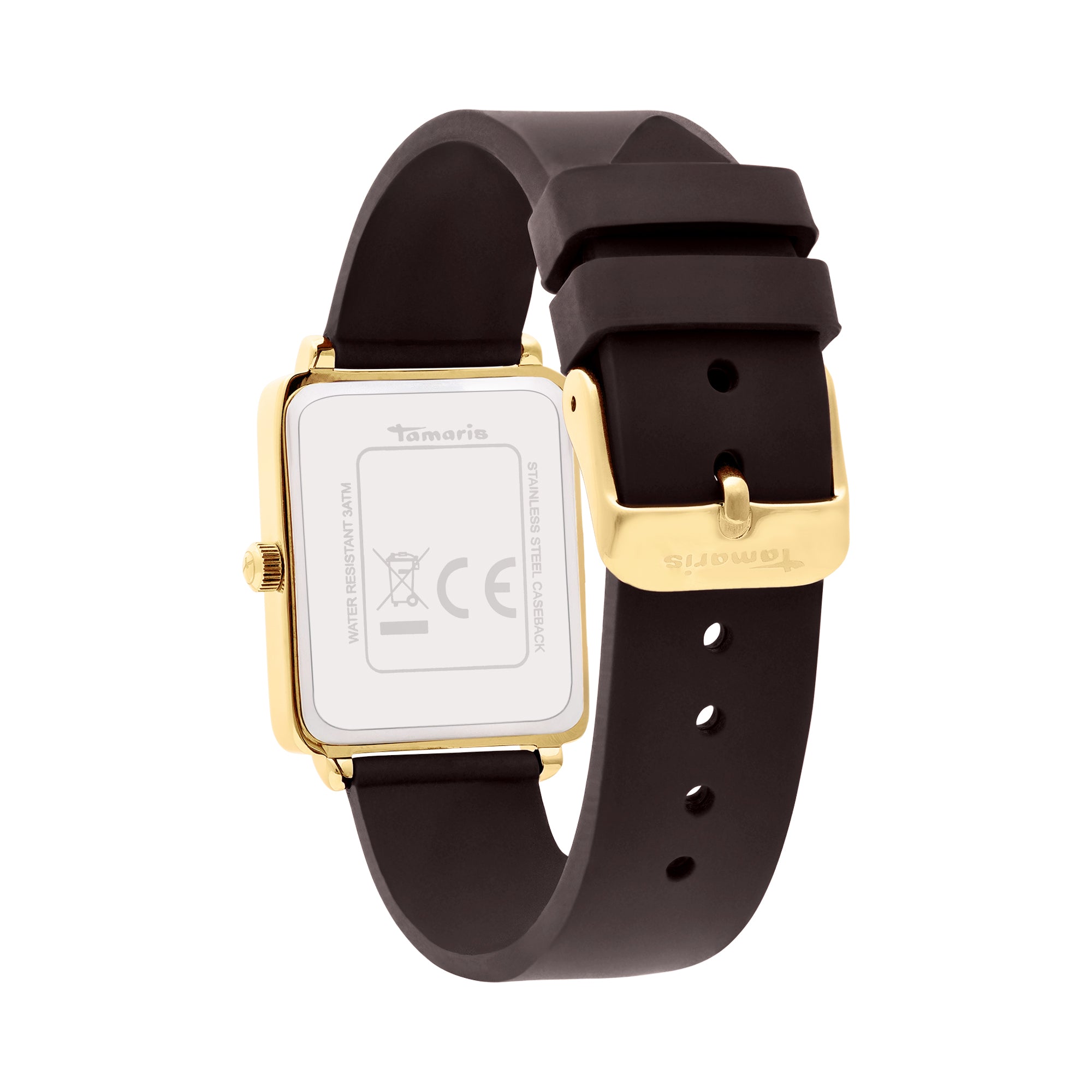 Die Tamaris Armbanduhr - The Silicon Square verfügt über ein goldenes, quadratisches Gehäuse und ein schwarzes Silikonarmband, das auf der Rückseite mit einer Markenschließe versehen ist - eine ideale Tamaris Sportuhr für jede Gelegenheit.