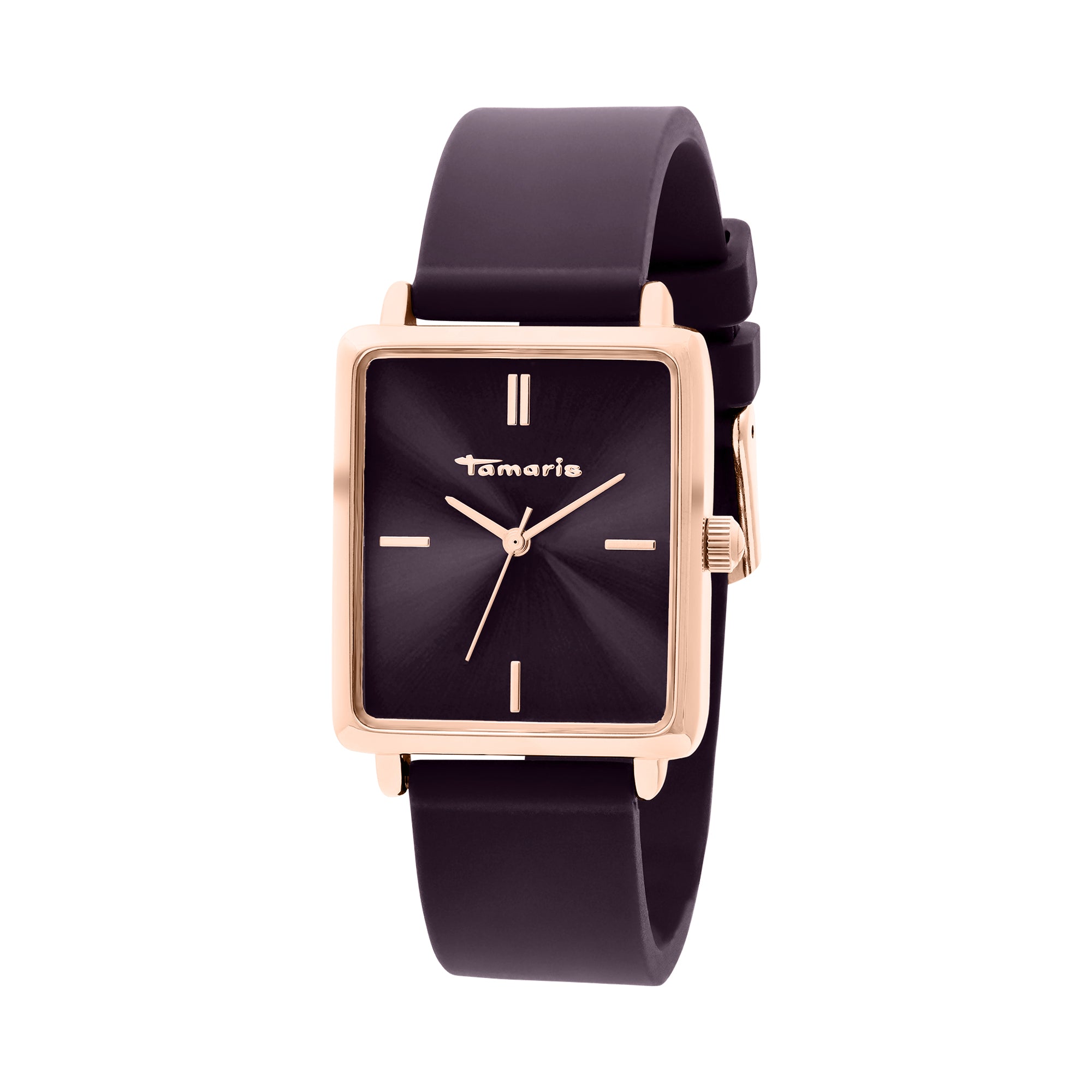 Die Tamaris Armbanduhr - The Silicon Square ist eine rechteckige schwarze Damenuhr mit goldenem Gehäuse, schwarzem Zifferblatt, minimalen Markierungen und schlankem Silikonband - eine sportliche und stilvolle Wahl von Tamaris.