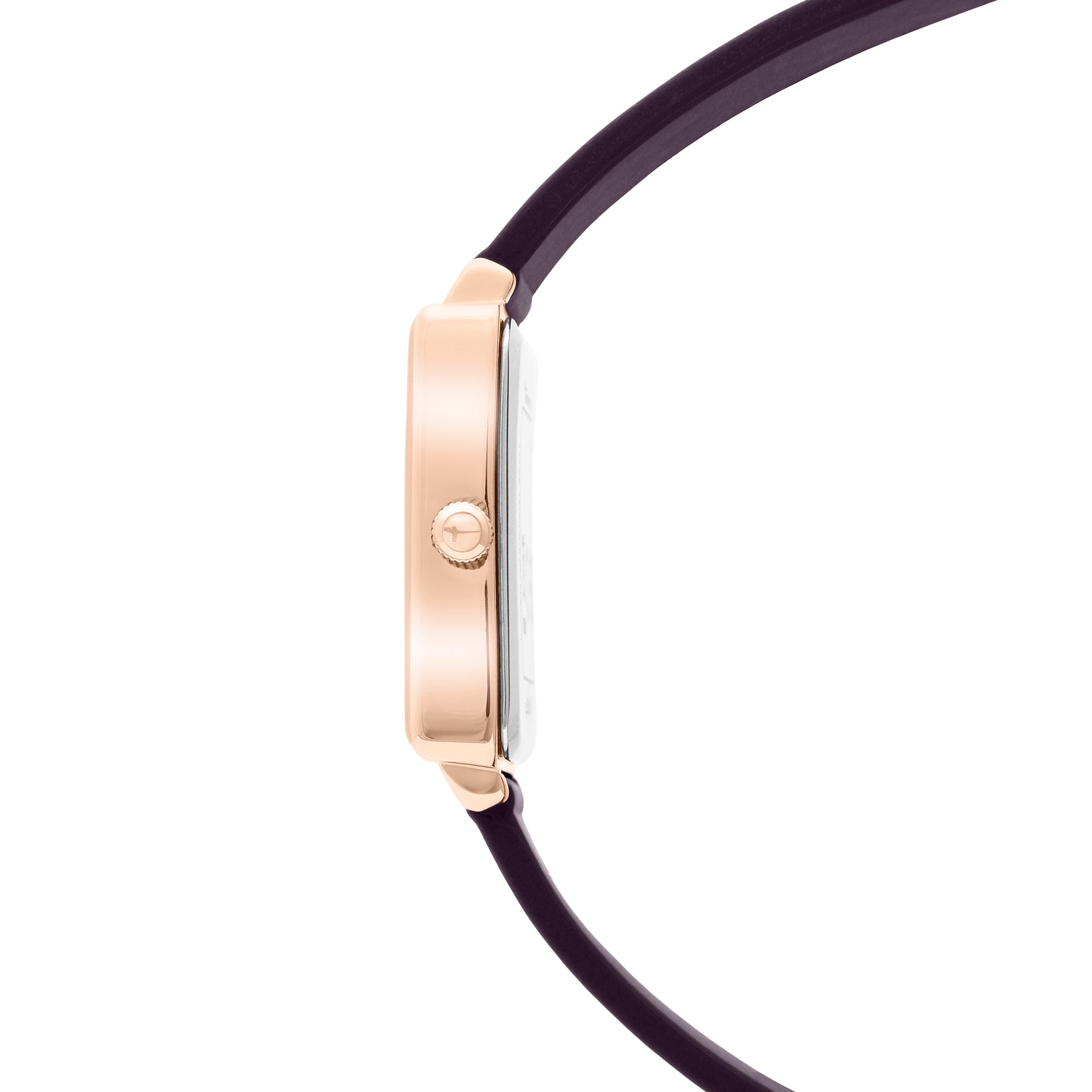 Seitenansicht der Tamaris Armbanduhr - The Silicon Square von Tamaris mit roségoldenem Gehäuse und dunklem Silikonarmband, dargestellt vor einem weißen Hintergrund.