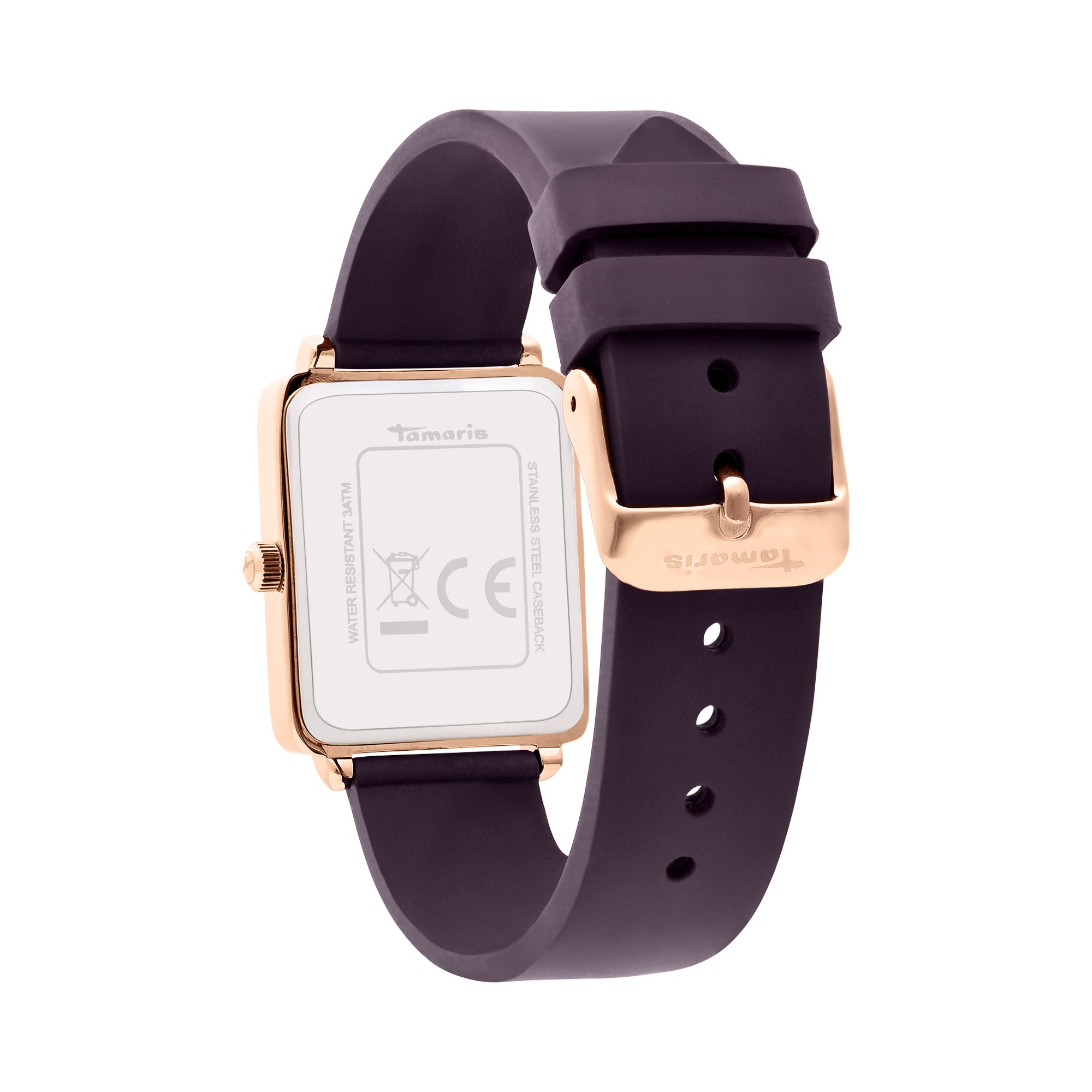 Die Tamaris Armbanduhr - The Silicon Square hat ein quadratisches Zifferblatt, ein schwarzes Silikonarmband, ein roségoldenes Gehäuse und ein sportliches Design; auf der Rückseite sind das Tamaris Branding und die Markierungen sichtbar.
