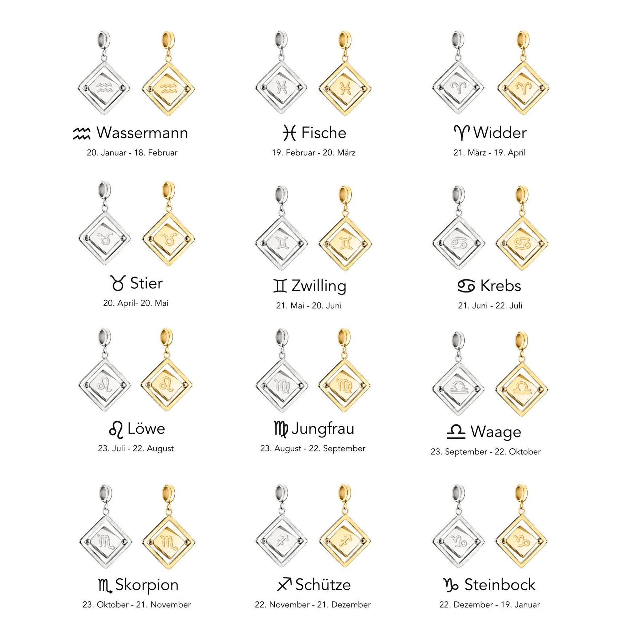 Liebeskind Berlin Übersichtsgrafik der silbernen und goldenen Charms mit Zodiak-Symbolen