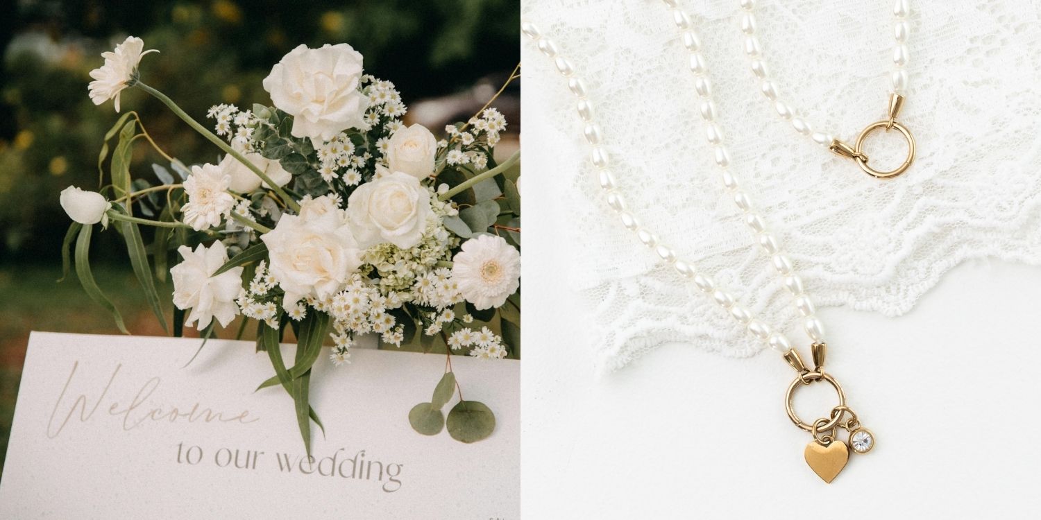 Hochzeitsdekoration und Perlenschmuck mit goldenen Anhängern für elegante Braut- und Hochzeitslooks.