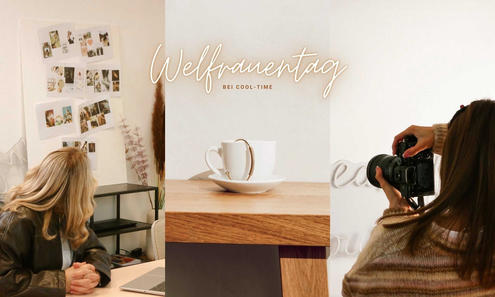 Weltfrauentag Kampagne bei Cool-Time: Schmuck-Fotoshooting mit Damenarmband an Kaffeetasse, Content Creation und Female Empowerment im Lifestyle-Setting.