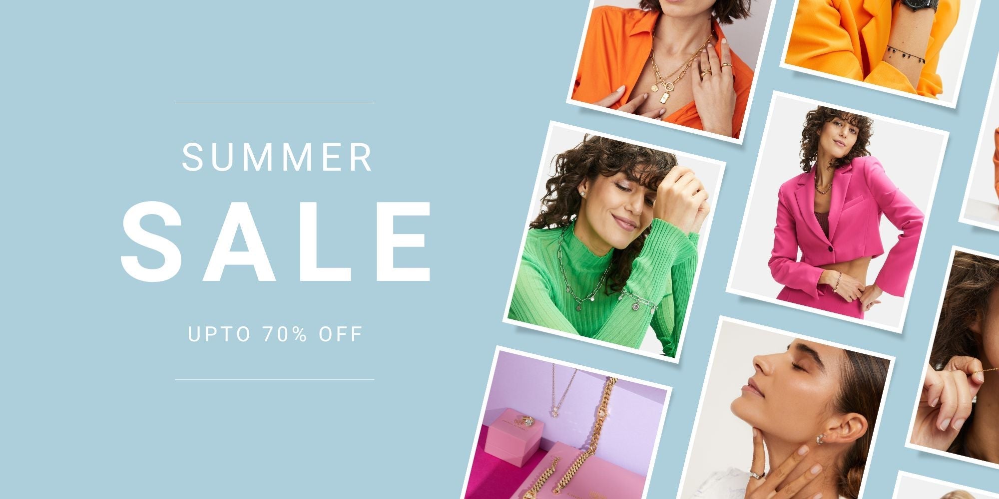 Summer Sale Banner mit Schmuck-Styles in kräftigen Farben – jetzt bis zu 70 % sparen auf sommerliche Highlights.