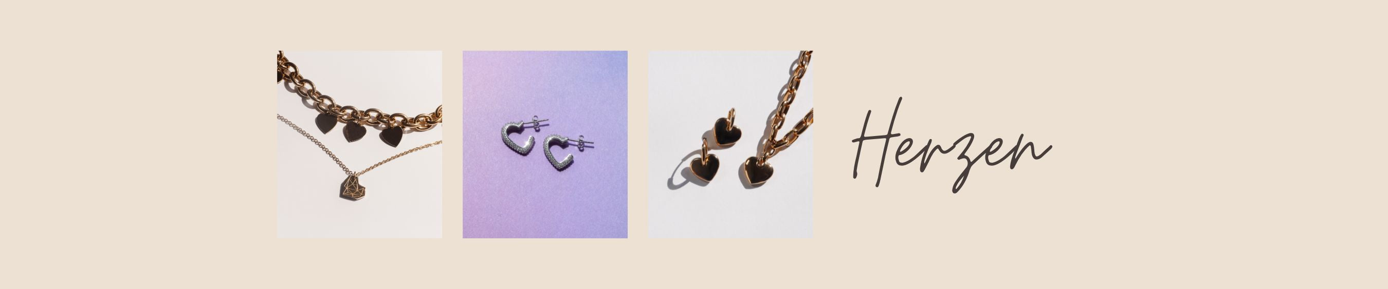 Herzschmuck Kollektion mit goldenen Herzketten und Herz-Ohrringen für romantischen Damenschmuck.