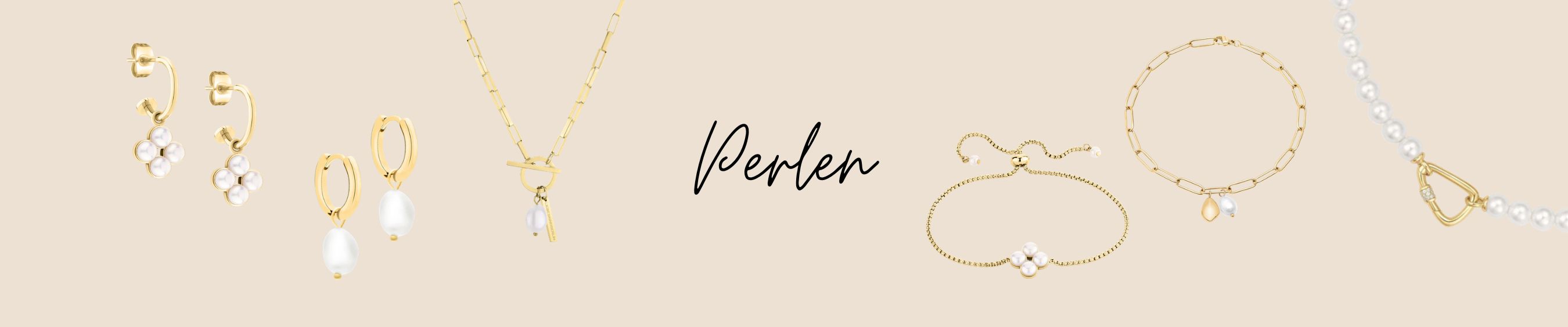 Perlenschmuck Kollektion: goldene Ohrringe mit Perlenanhängern, Perlenkette und filigrane Armbänder mit Perlen für eleganten Damenschmuck