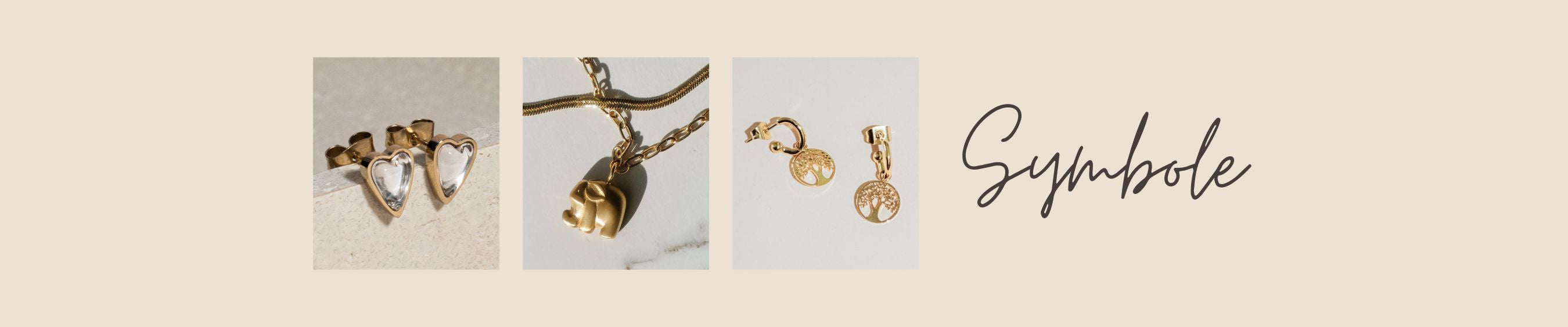 Symbolschmuck Kollektion mit goldenen Ohrringen und Anhängern in Herz-, Rosen- und Lebensbaum-Design für eleganten Damenschmuck.
