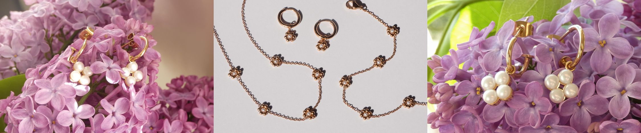 Flower Collection Schmuck: goldene Creolen mit Perlenanhängern und filigrane Blüten-Halskette, inszeniert auf lila Fliederblüten – romantischer Damenschmuck mit floralen Details.