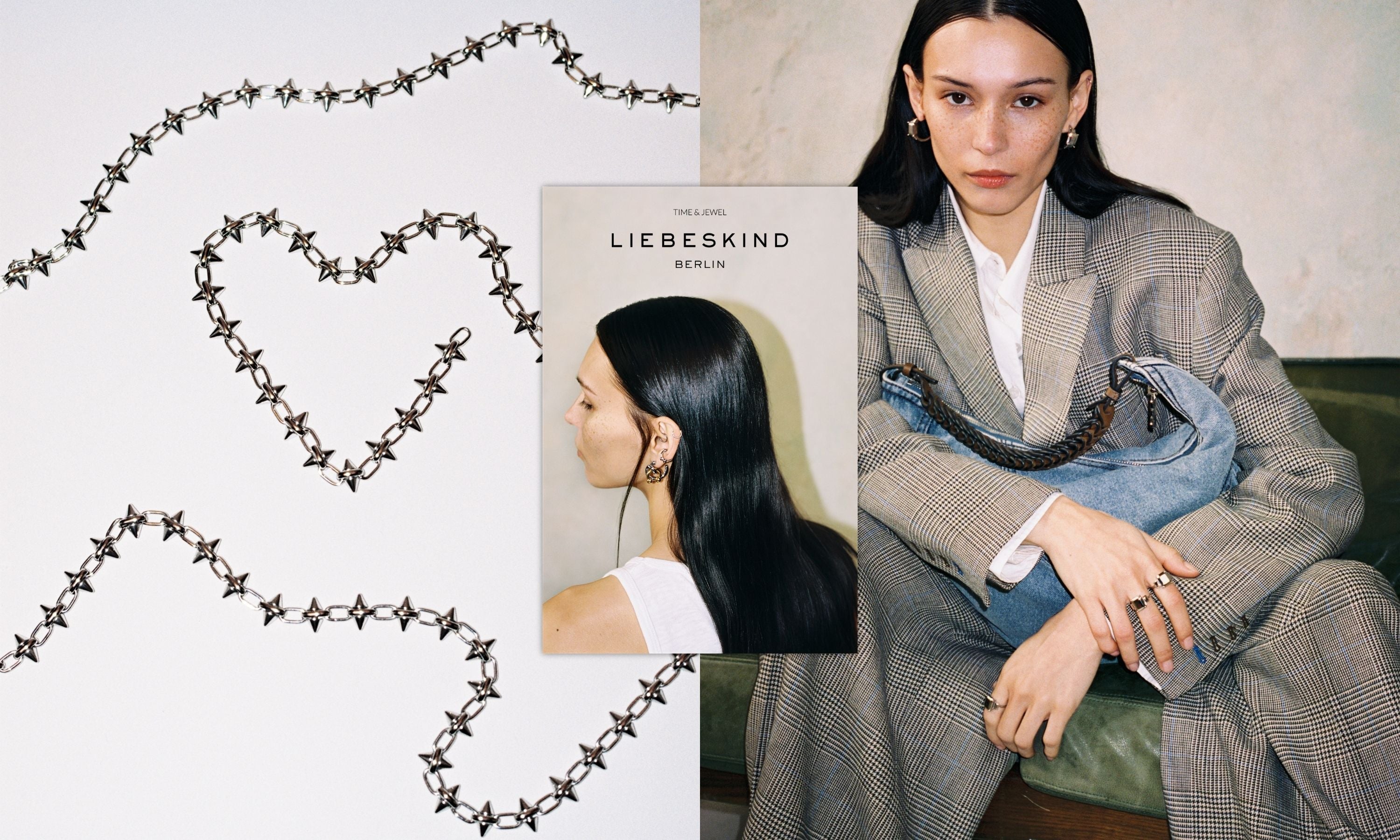 Banner mit LIEBESKIND BERLIN Schmuck: silberfarbene Kette mit Spike-Elementen in Herzform gelegt, kombiniert mit Model im Blazer mit Ringen und Ohrringen – moderner, urbaner Statement-Look.