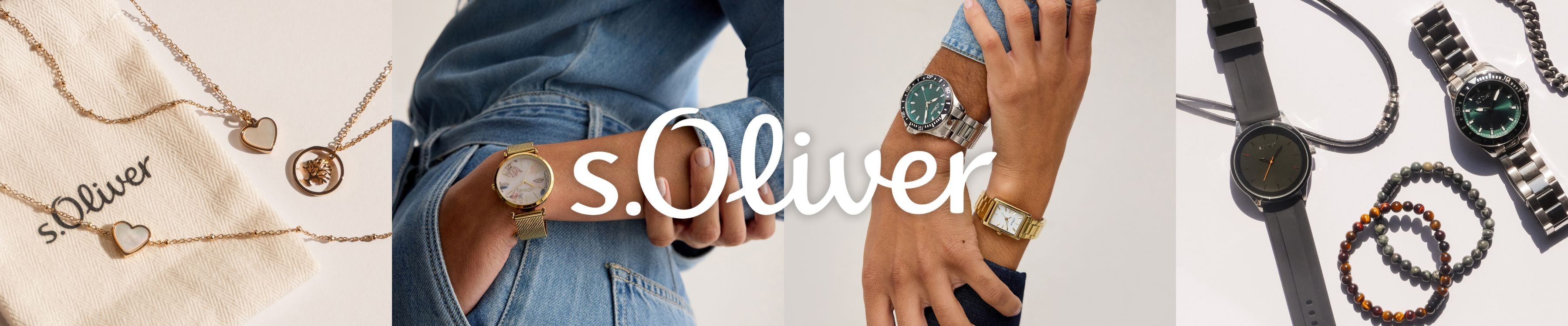 Banner mit Schmuck- und Uhrenneuheiten von s.Oliver: goldfarbene Ketten mit Herz- und Medaillon-Anhängern, Armbanduhren an lässig gestylten Handgelenken sowie moderne Uhren und Armbänder. Mittig der Schriftzug ‚s.Oliver‘