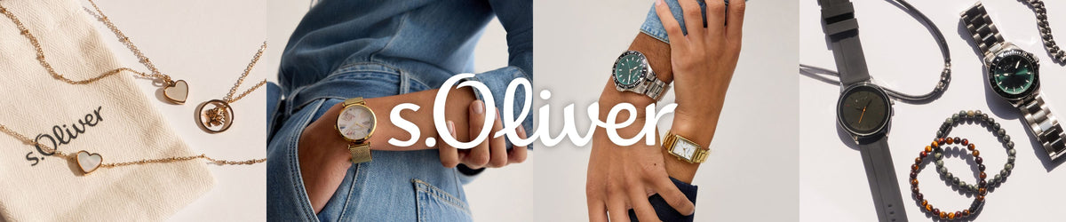 Banner der Marke s.Oliver mit Uhren und Schmuck für Damen, Herren und Kinder: filigrane Ketten, moderne Armbanduhren an Handgelenken sowie sportliche und elegante Modelle, vielfältig kombiniert. Mittig der Schriftzug „s.Oliver“