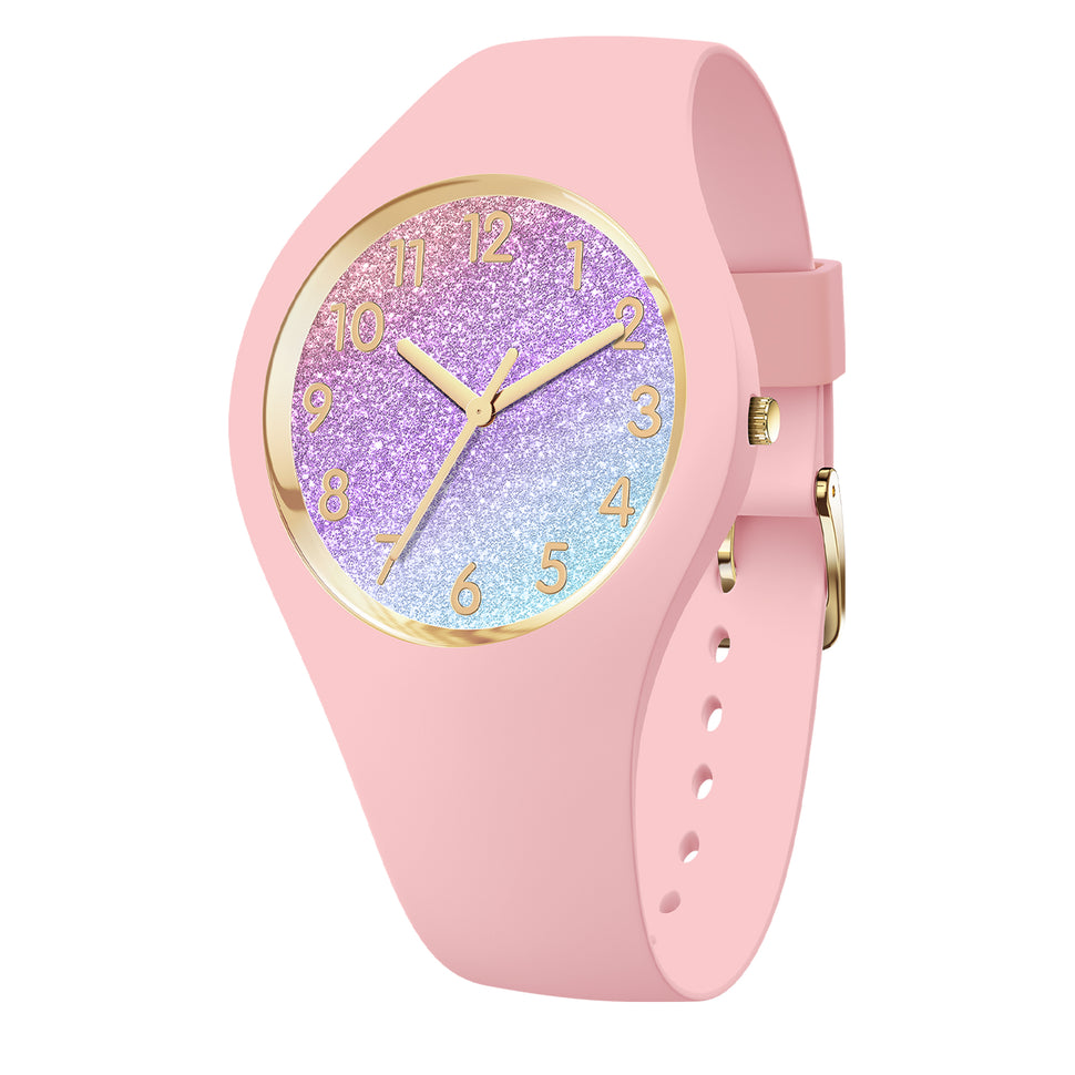 Ice Watch Armbanduhr mit pastellfarbenem Zifferblatt mit Glitter-Farbverlauf und goldener Verzierung, goldenen Indizes, pinken Silikongehäuse und -armband; Produktbild