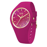 Ice Watch Armbanduhr mit fuchsia pinkem Zifferblatt mit goldener Verzierung, goldenen Indizes, fuchsia pinkem Silikongehäuse und -armband; Produktbild