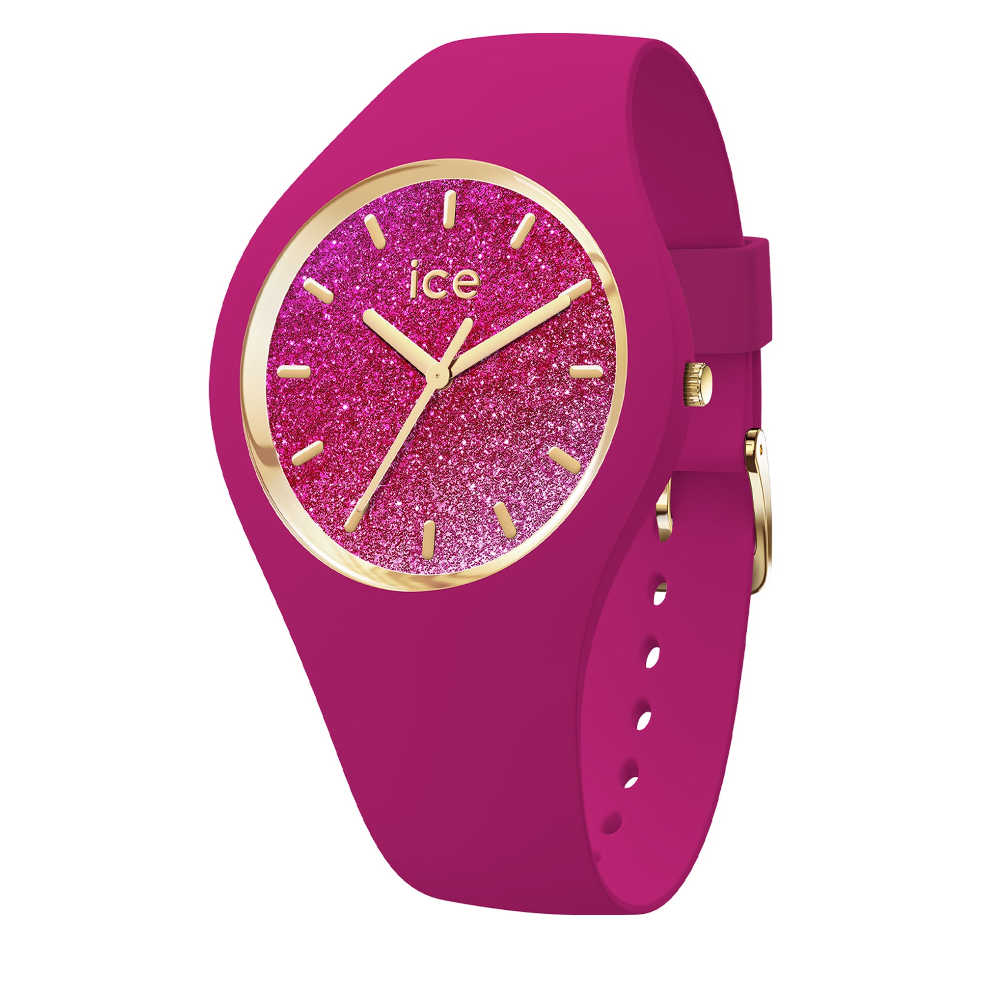 Ice Watch Armbanduhr mit fuchsia pinkem Zifferblatt mit goldener Verzierung, goldenen Indizes, fuchsia pinkem Silikongehäuse und -armband; Produktbild