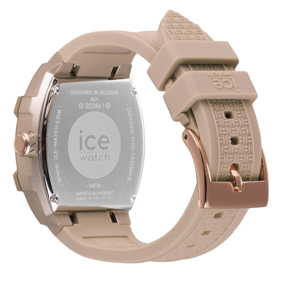 Ice Watch Armbanduhr mit dreifacher, beigem Zifferblattanzeige, langgezogenem, beigem Aluminiumgehäuse mit beigem Topring und beigem Silikonband; Rückansicht