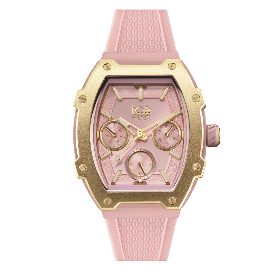 Ice Watch Armbanduhr mit rosa Zifferblatt, dreifacher, goldener Zifferblattanzeige, langgezogenem, rosa Aluminiumgehäuse mit goldenem Topring und rosa Silikonband; Produktbild