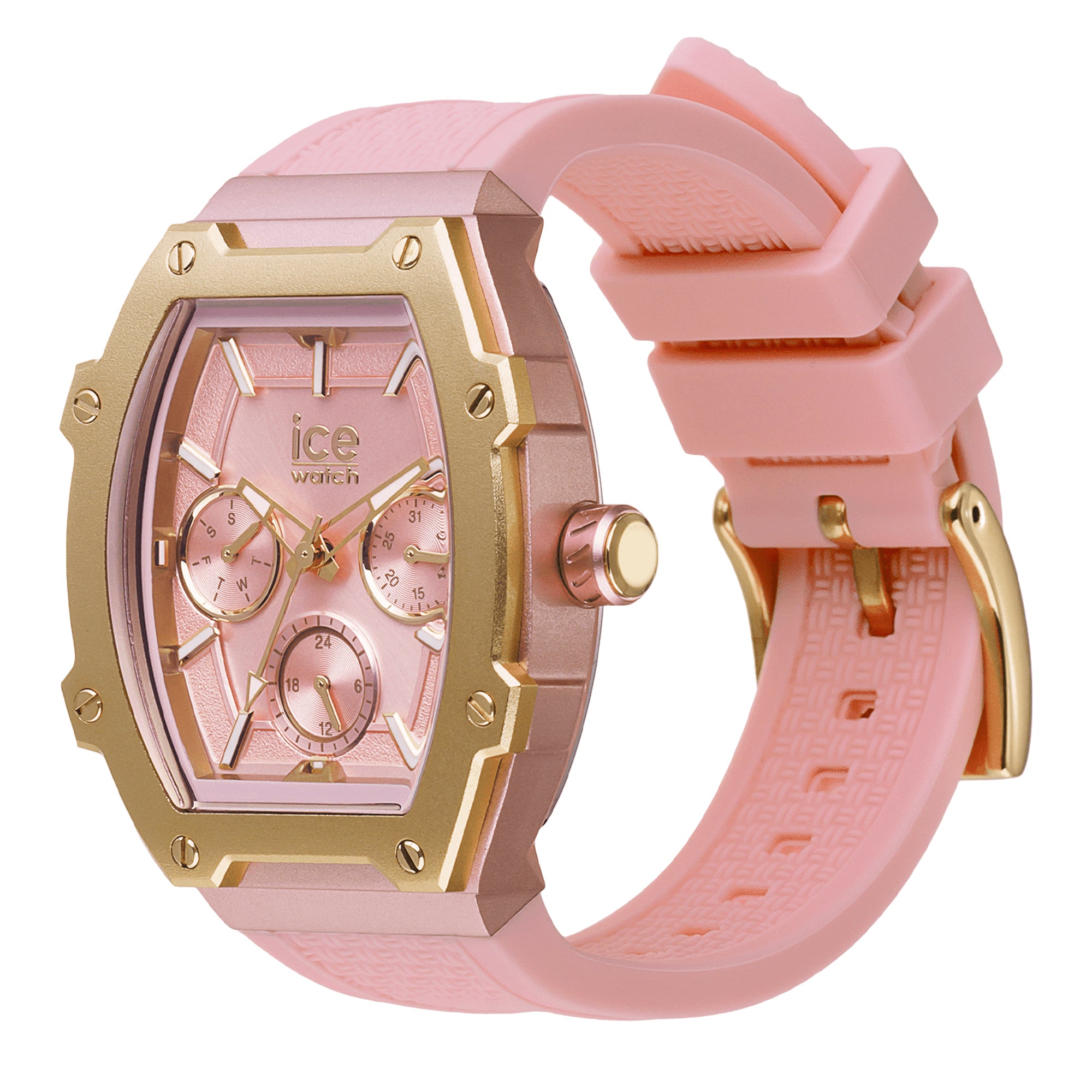 Ice Watch Armbanduhr mit rosa Zifferblatt, dreifacher, goldener Zifferblattanzeige, langgezogenem, rosa Aluminiumgehäuse mit goldenem Topring und rosa Silikonband; Zusatzbild