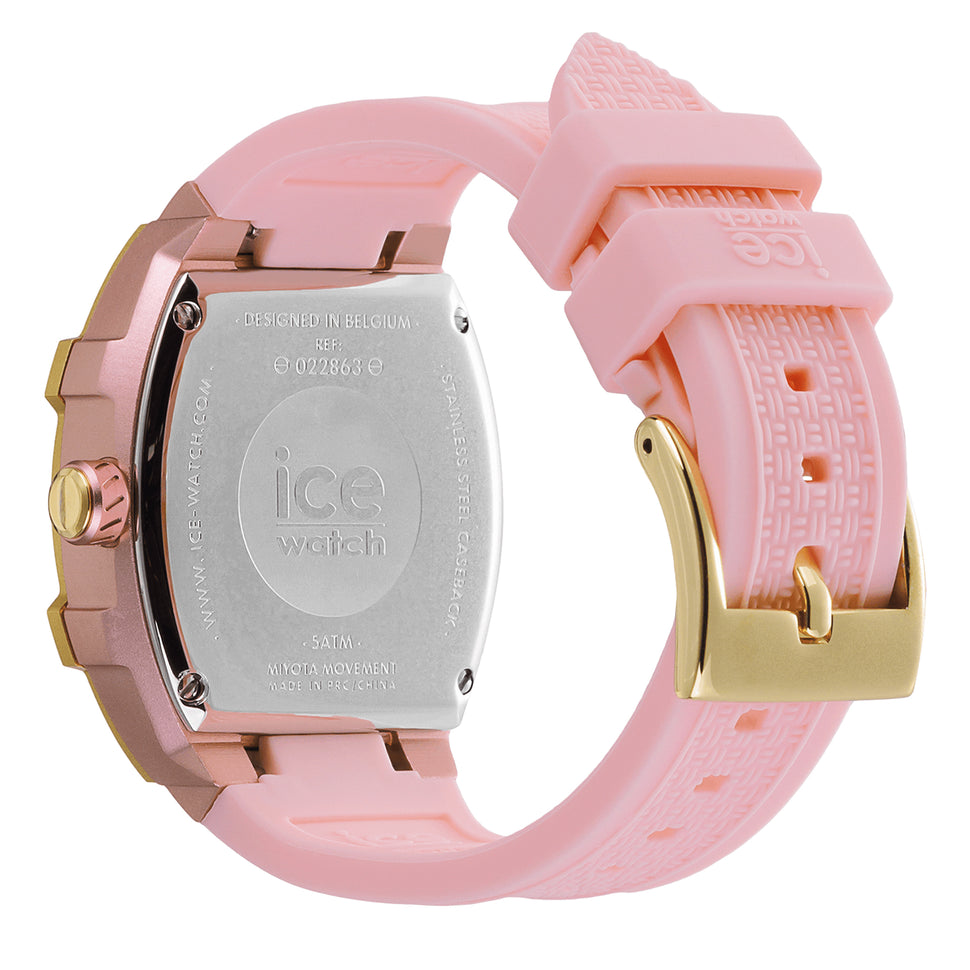 Ice Watch Armbanduhr mit rosa Zifferblatt, dreifacher, goldener Zifferblattanzeige, langgezogenem, rosa Aluminiumgehäuse mit goldenem Topring und rosa Silikonband; Rückansicht