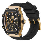 Die ICE Watch Armbanduhr - Boliday Black Gold von ICE Watch ist eine elegante Armbanduhr mit schwarz-goldenem Design, schwarzem Kautschukband und mehreren Zifferblättern auf dem Zifferblatt.