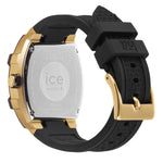 Ice Watch Armbanduhr mit schwarzem Zifferblatt, dreifacher, goldener Zifferblattanzeige, langgezogenem, goldenem Aluminiumgehäuse mit schwarzem Topring und schwarzem Silikonband; Rückansicht