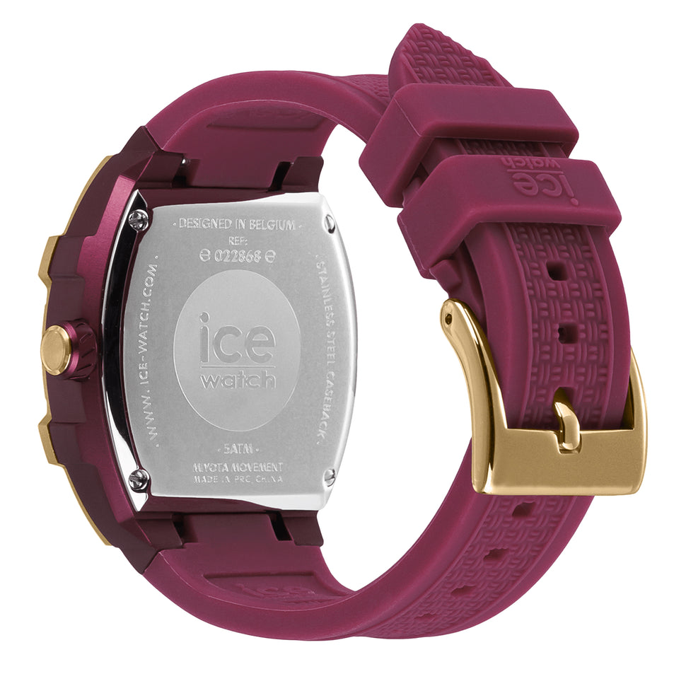 Ice Watch Armbanduhr mit lila Zifferblatt, dreifacher, goldener Zifferblattanzeige, langgezogenem, lila Aluminiumgehäuse mit goldenem Topring und lila Silikonband; Rückansicht