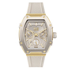 Die ICE Watch Armbanduhr - Boliday Almond Skin von ICE Watch ist eine stilvolle Armbanduhr mit einem weißen Silikonarmband und drei Ziffernblättern.