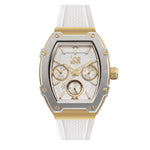 Die ICE Watch Armbanduhr - Boliday White Gold von ICE Watch verfügt über drei Ziffernblätter und ein strukturiertes Kunststoffarmband aus Weißgold.