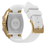 Ice Watch Armbanduhr mit dreifacher, goldener Zifferblattanzeige, langgezogenem, goldenem Aluminiumgehäuse mit silbernem Topring und weißem Silikonband; Rückansicht