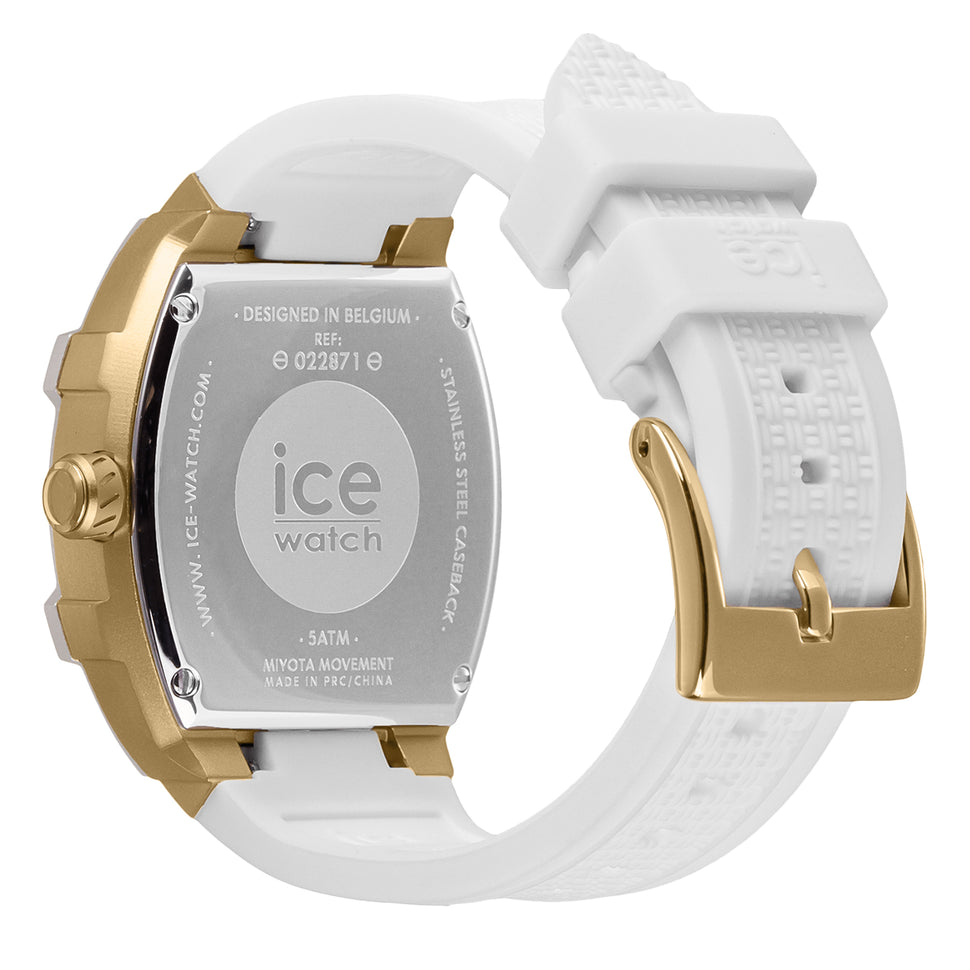 Ice Watch Armbanduhr mit dreifacher, goldener Zifferblattanzeige, langgezogenem, goldenem Aluminiumgehäuse mit silbernem Topring und weißem Silikonband; Rückansicht