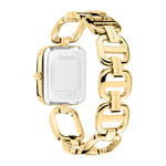Tamaris Armbanduhr mit goldenem Zifferblatt, rechteckigem, flachen, goldenem Gehäuse und goldenem Metallband; Rückansicht