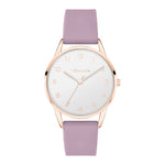 Tamaris Armbanduhr mit silbernem Zifferblatt, roségoldenen Indizes, roségoldenem Gehäuse und rosa Silikonband; Produktbild