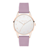 Tamaris Armbanduhr mit silbernem Zifferblatt, roségoldenen Indizes, roségoldenem Gehäuse und rosa Silikonband; Produktbild