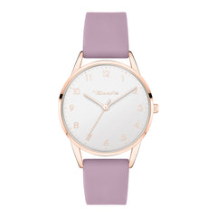 Tamaris Armbanduhr mit silbernem Zifferblatt, roségoldenen Indizes, roségoldenem Gehäuse und rosa Silikonband; Produktbild