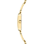 Tamaris Armbanduhr mit goldenem Zifferblatt, rechteckigem, flachen, goldenem Gehäuse und goldenem Metallband; Seitenansicht